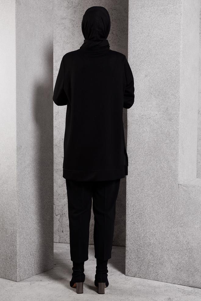 Vêtements hijab NOIR TUNIQUE DE SURVÊTEMENT À MOTIFS 45114 - ALVİNA