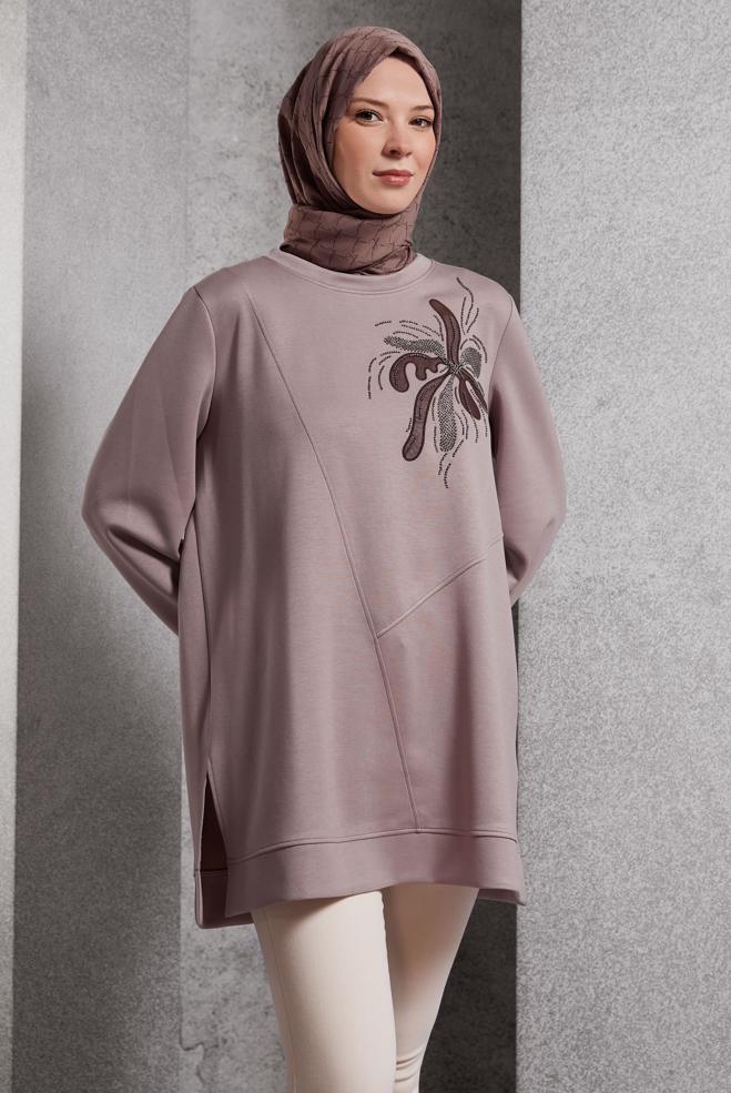 Tesettür giyim VİZON DESENLİ EŞOFMAN TUNİK 45114 - ALVİNA