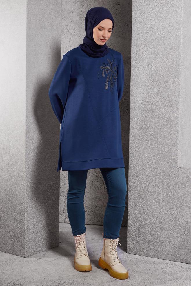 Vêtements hijab BLEU MARINE TUNIQUE DE SURVÊTEMENT À MOTIFS 45114 - ALVİNA