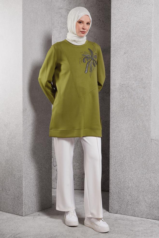 Hijab clothing GREEN PATTERNED TRACKSUIT TUNIC 45114 - ALVİNA