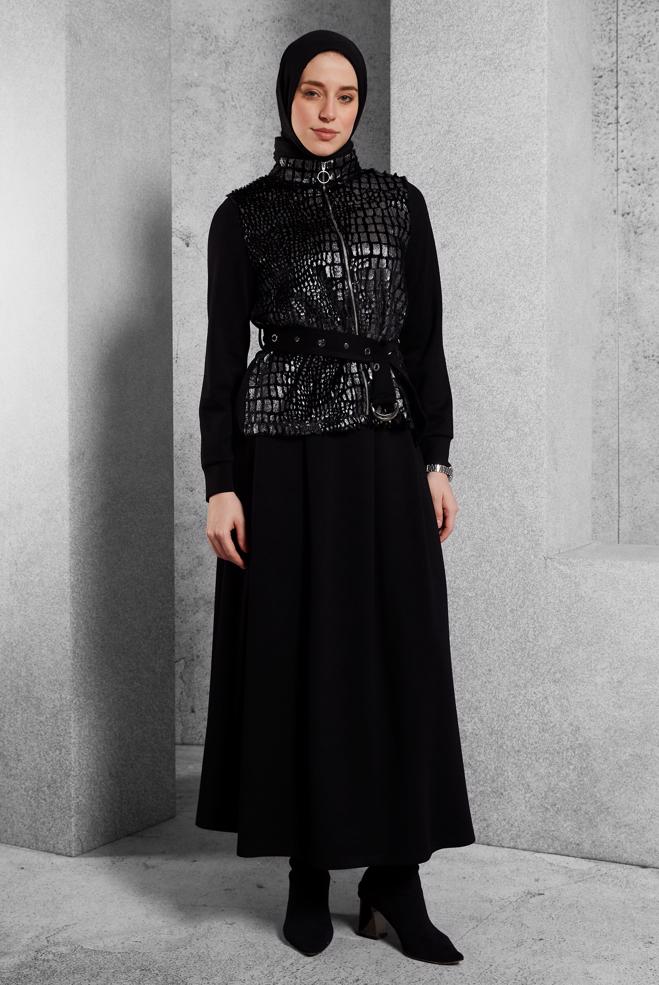 Vêtements hijab NOIR ENSEMBLE DE SURVÊTEMENT AVEC JUPE CEINTURÉE 45127 - ALVİNA