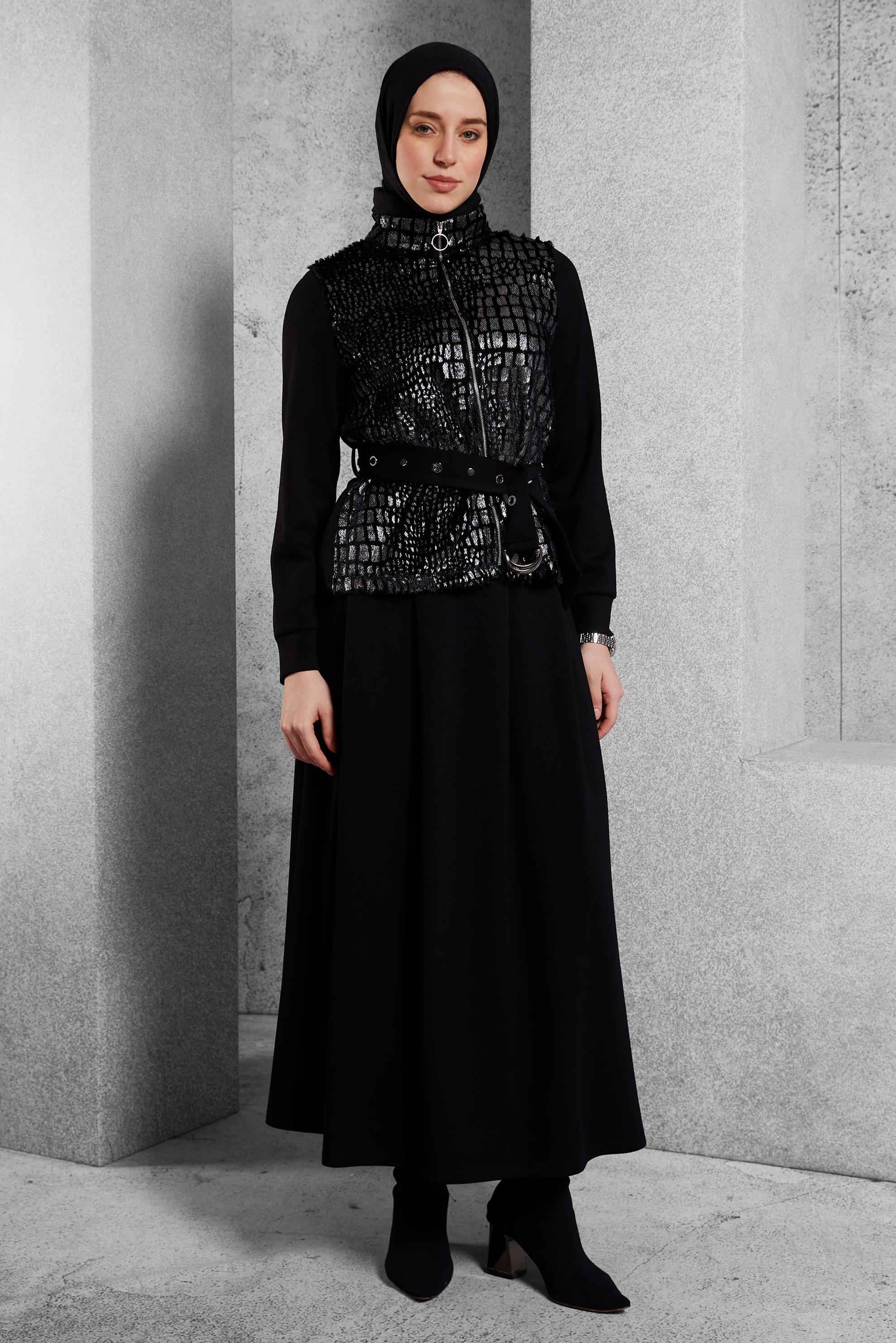 Vêtements hijab NOIR ENSEMBLE DE SURVÊTEMENT AVEC JUPE CEINTURÉE 45127