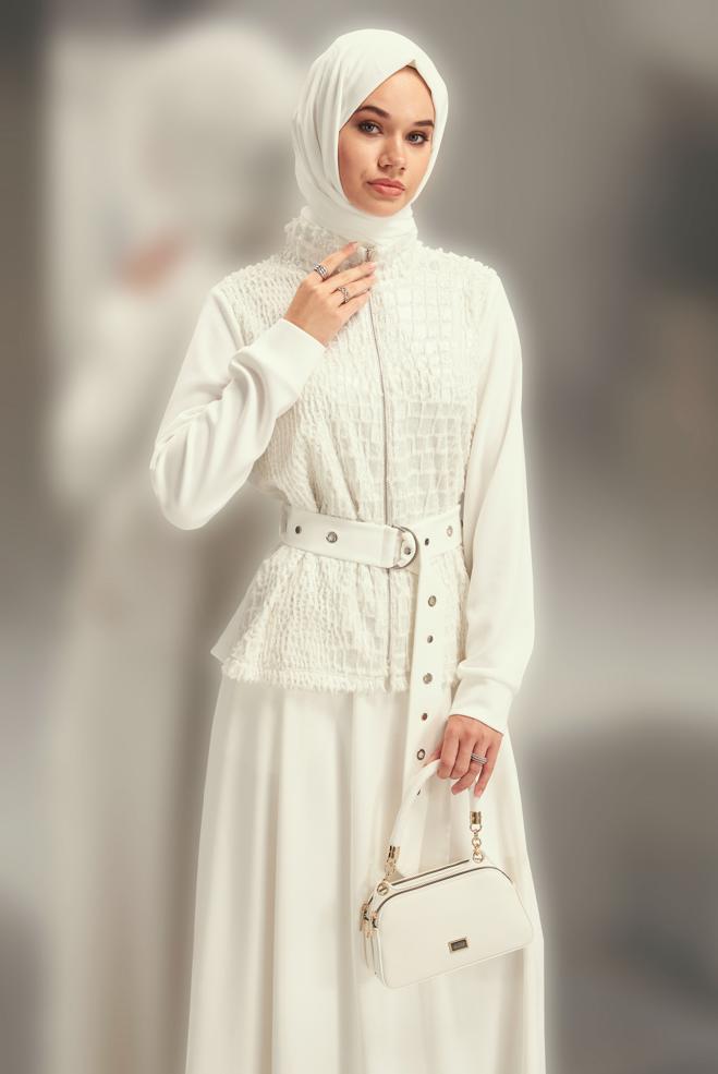 Vêtements hijab BLANC ENSEMBLE DE SURVÊTEMENT AVEC JUPE CEINTURÉE 45127 - ALVİNA