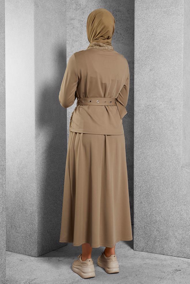 Vêtements hijab BRUN ENSEMBLE DE SURVÊTEMENT AVEC JUPE CEINTURÉE 45127 - ALVİNA