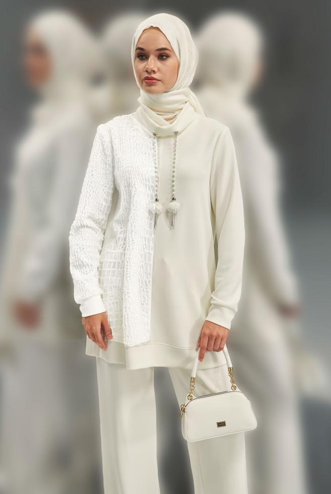 Vêtements hijab BLANC ENSEMBLE SURVÊTEMENT AVEC PANTALON 45128 - ALVİNA