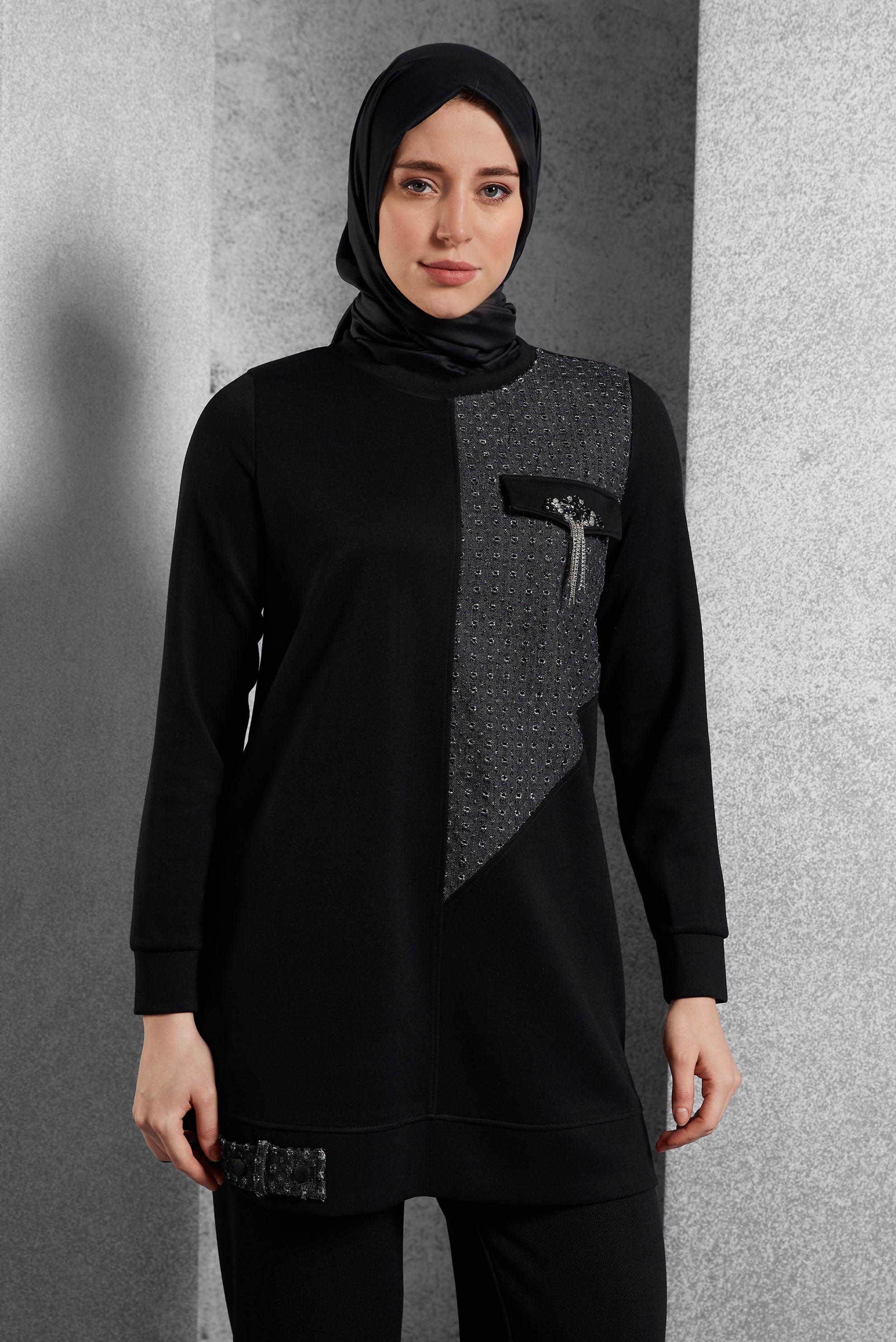 Vêtements hijab NOIR TUNIQUE DE SURVÊTEMENT À DÉTAILS DE GEMMES 45129