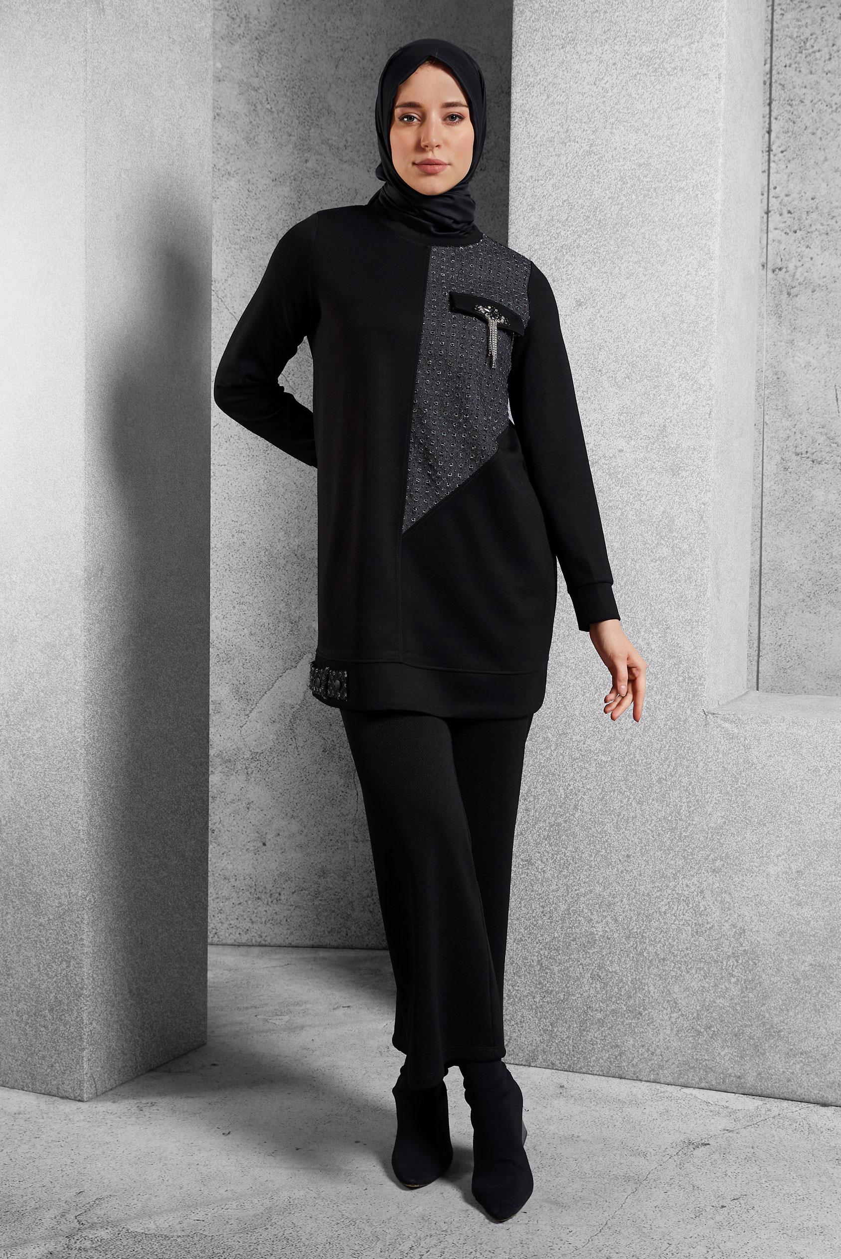 Vêtements hijab NOIR TUNIQUE DE SURVÊTEMENT À DÉTAILS DE GEMMES 45129