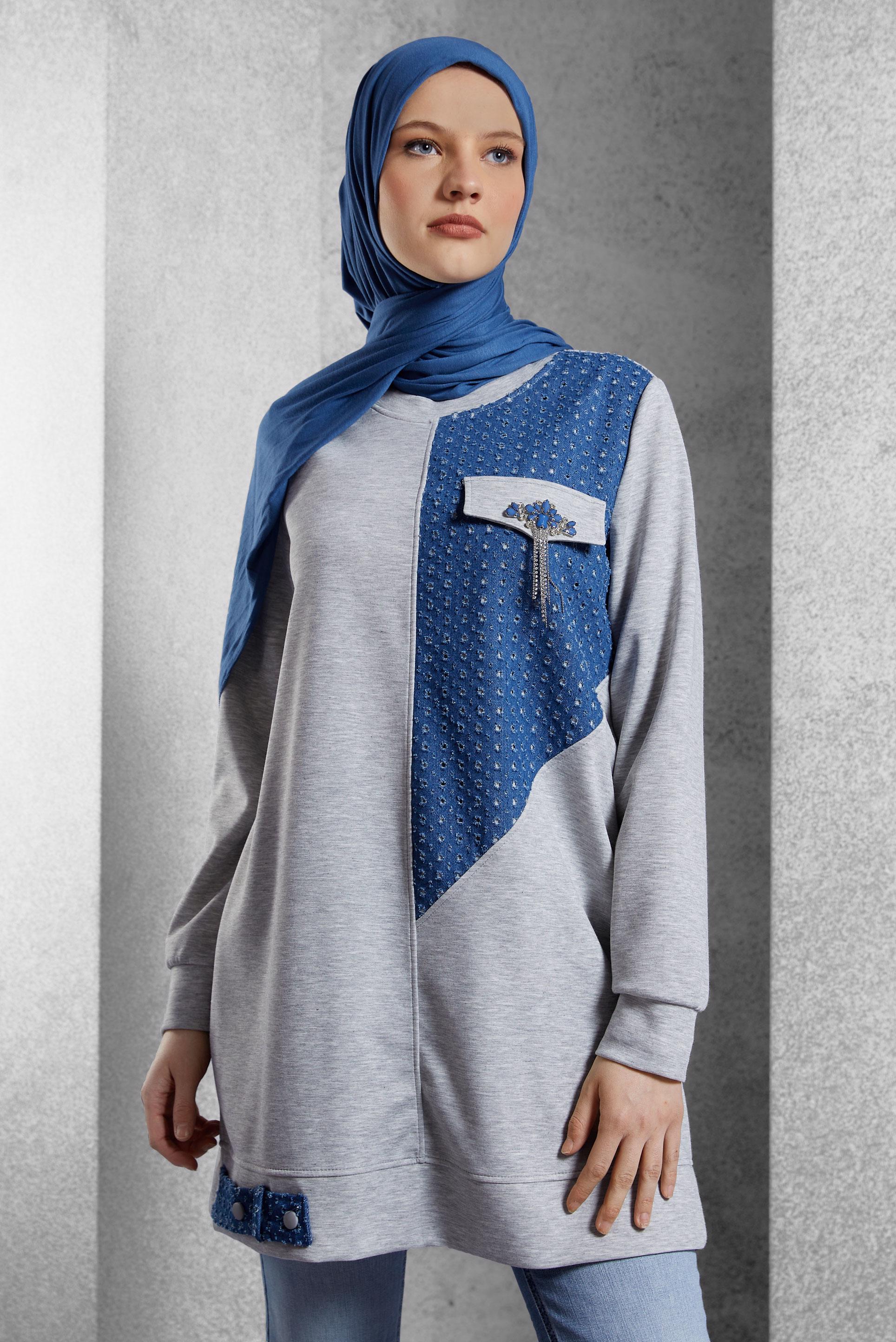Vêtements hijab GRIS TUNIQUE DE SURVÊTEMENT À DÉTAILS DE GEMMES 45129