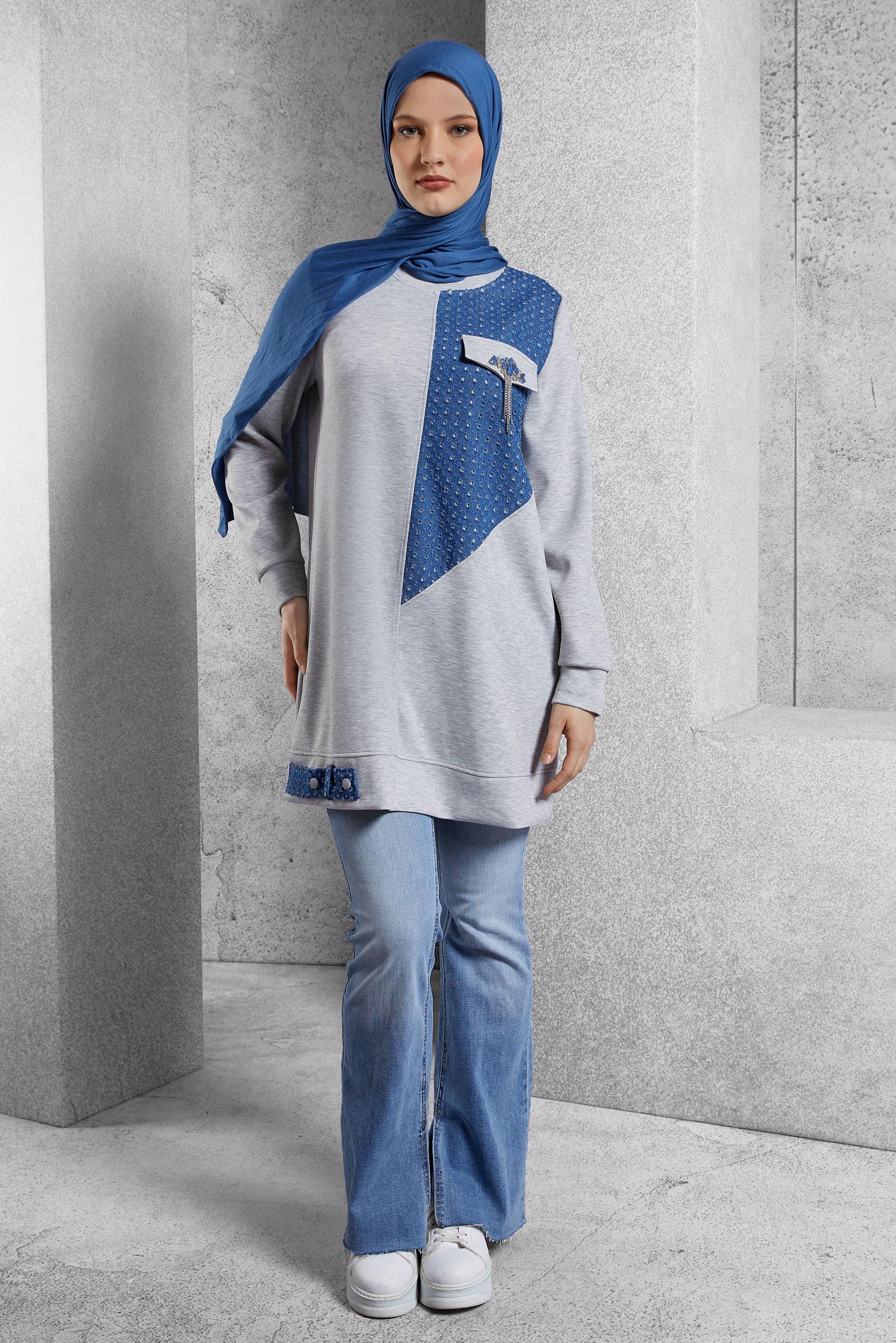 Vêtements hijab GRIS TUNIQUE DE SURVÊTEMENT À DÉTAILS DE GEMMES 45129