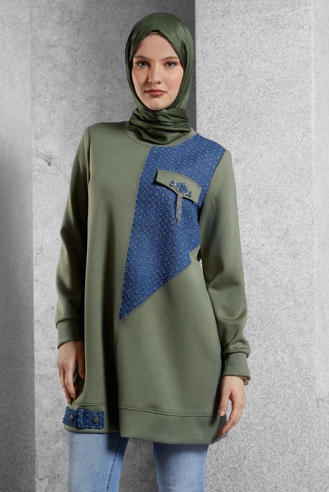 Tesettür giyim HAKİ TAŞ DETAYLI EŞOFMAN TUNİK 45129 - ALVİNA