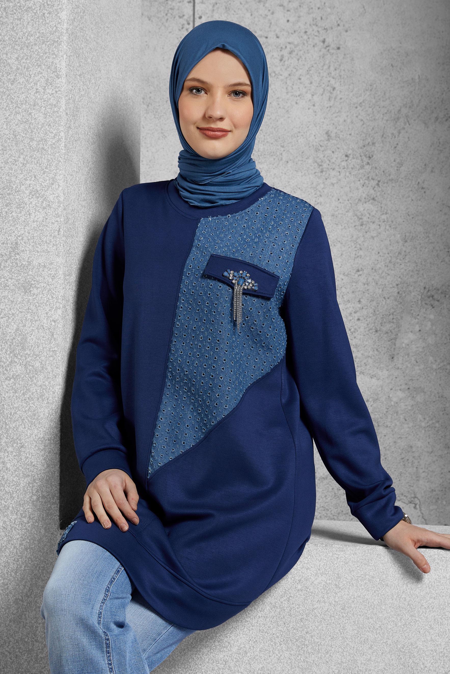 Tesettür giyim LACİVERT TAŞ DETAYLI EŞOFMAN TUNİK 45129
