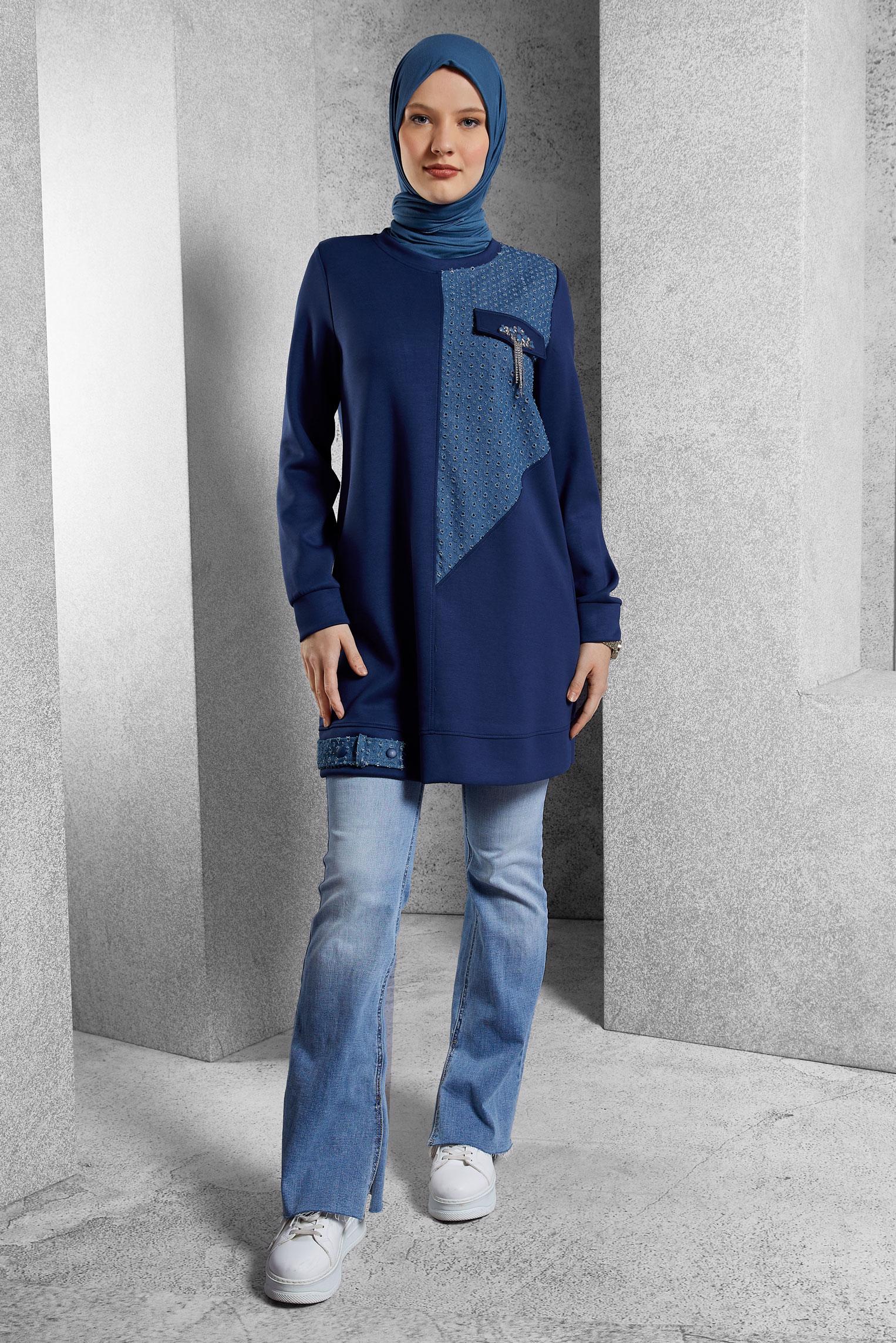 Tesettür giyim LACİVERT TAŞ DETAYLI EŞOFMAN TUNİK 45129