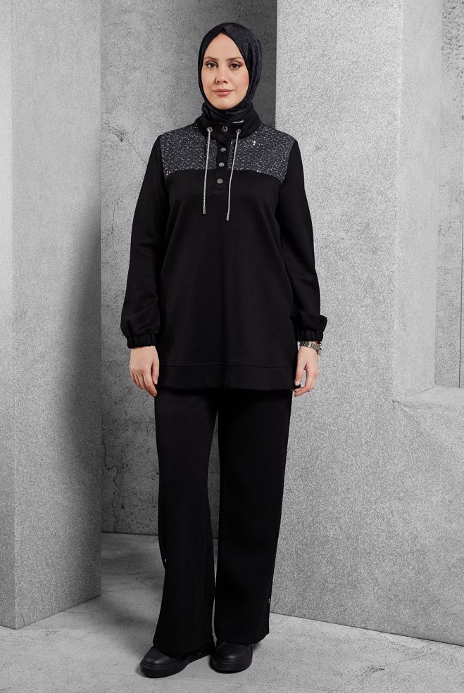 Hijab clothing BLACK TRACKSUIT SET WITH PANTS 45130 - ALVİNA