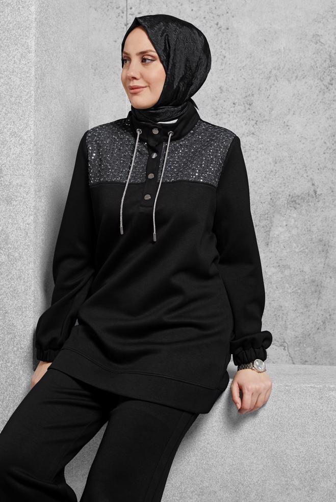 Hijab clothing BLACK TRACKSUIT SET WITH PANTS 45130 - ALVİNA