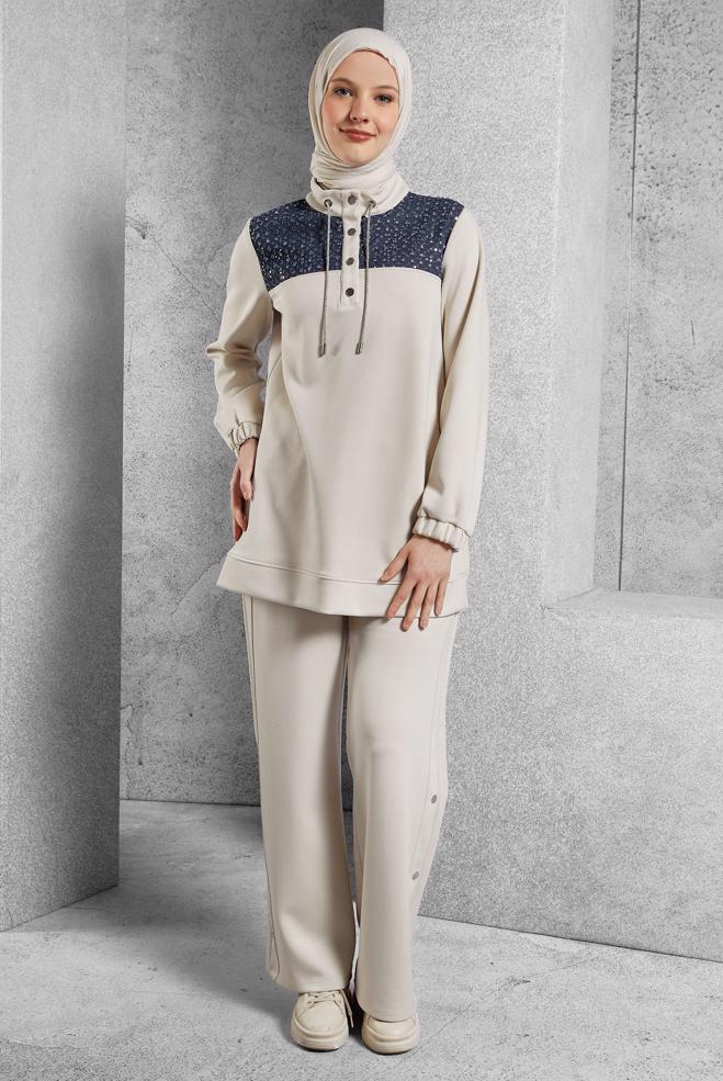 Hijab clothing ECRU TRACKSUIT SET WITH PANTS 45130 - ALVİNA
