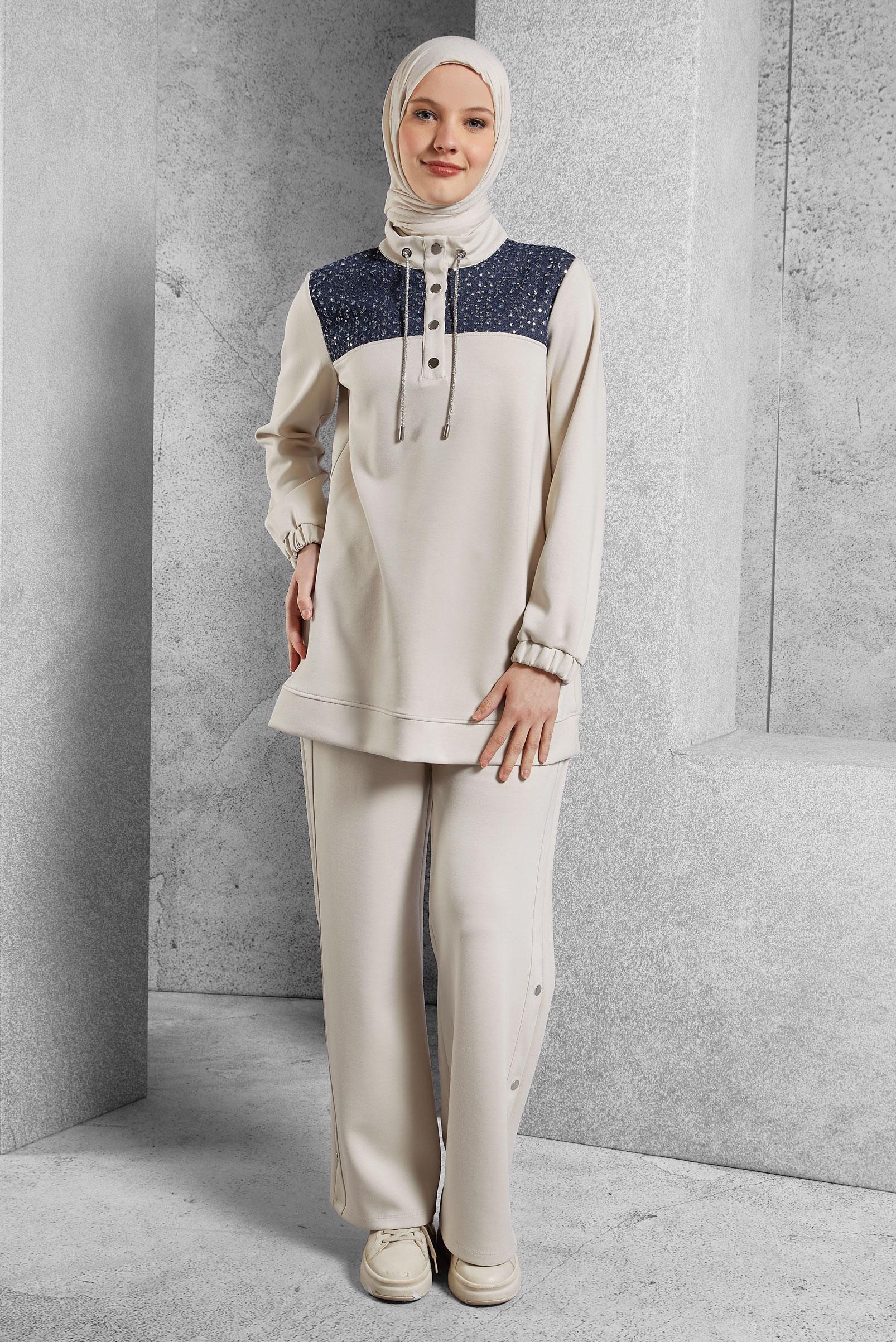 Tesettür giyim EKRU PANTOLONLU EŞOFMAN TAKIM 45130
