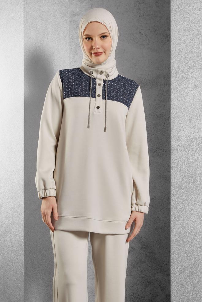 Hijab clothing ECRU TRACKSUIT SET WITH PANTS 45130 - ALVİNA