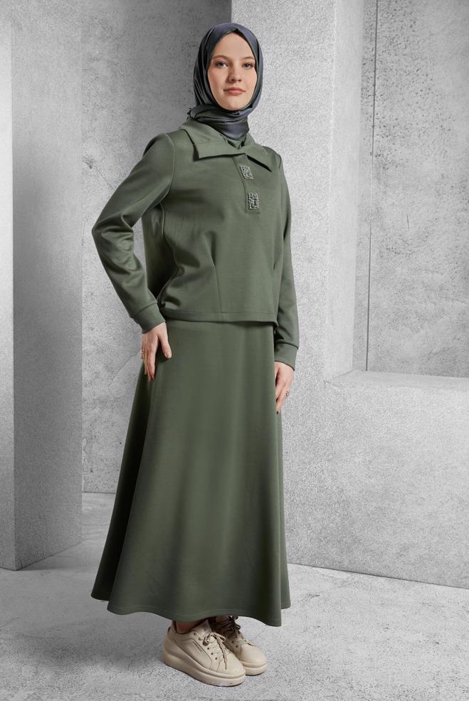 Vêtements hijab KAKI ENSEMBLE DE SURVÊTEMENT À JUPE 45131 - ALVİNA