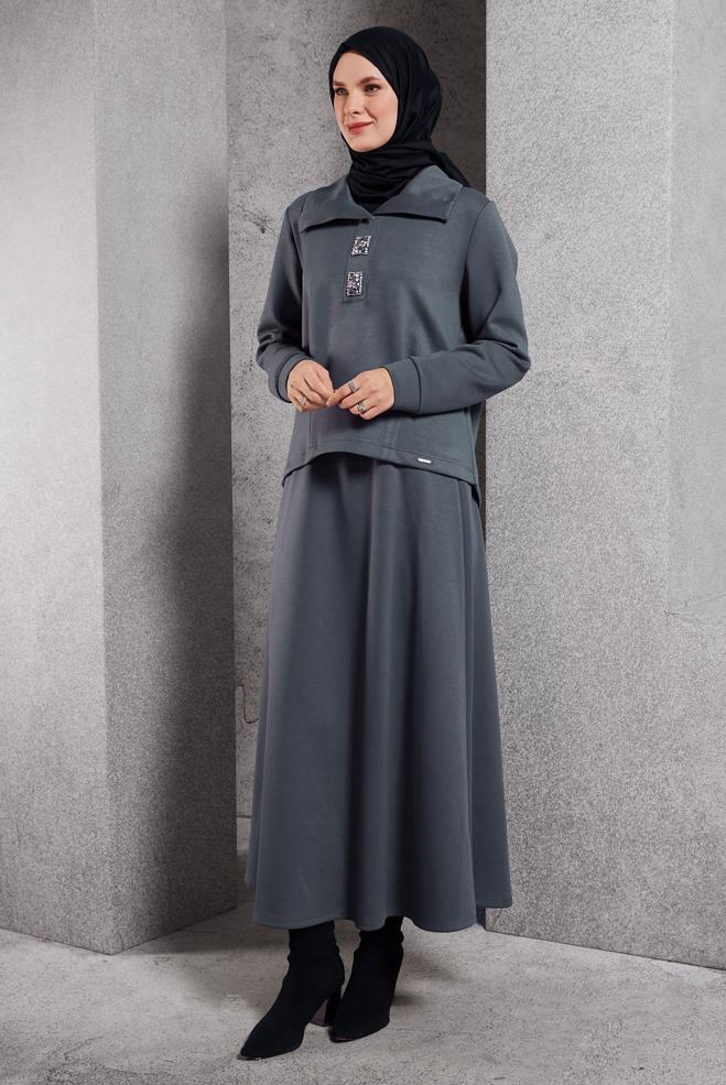 Vêtements hijab GRIS ENSEMBLE DE SURVÊTEMENT À JUPE 45131 - ALVİNA