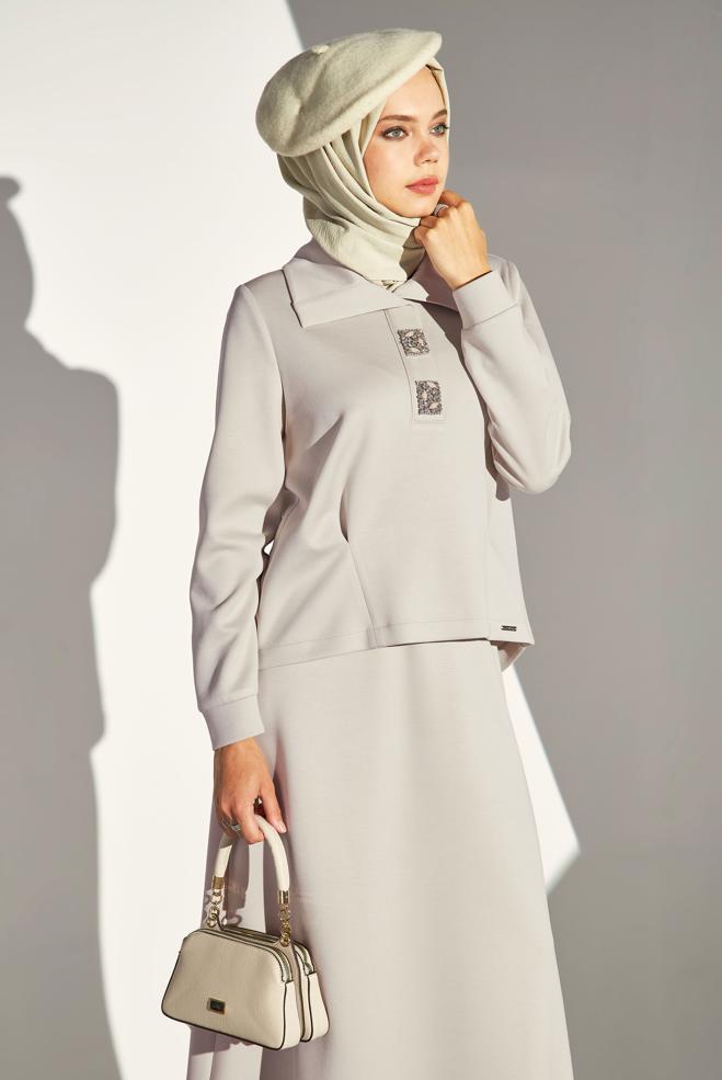 Vêtements hijab BEIGE ENSEMBLE DE SURVÊTEMENT À JUPE 45131 - ALVİNA