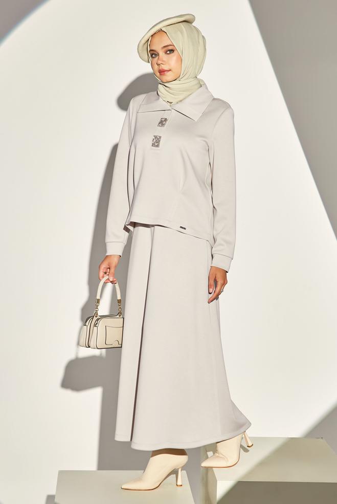 Vêtements hijab BEIGE ENSEMBLE DE SURVÊTEMENT À JUPE 45131 - ALVİNA