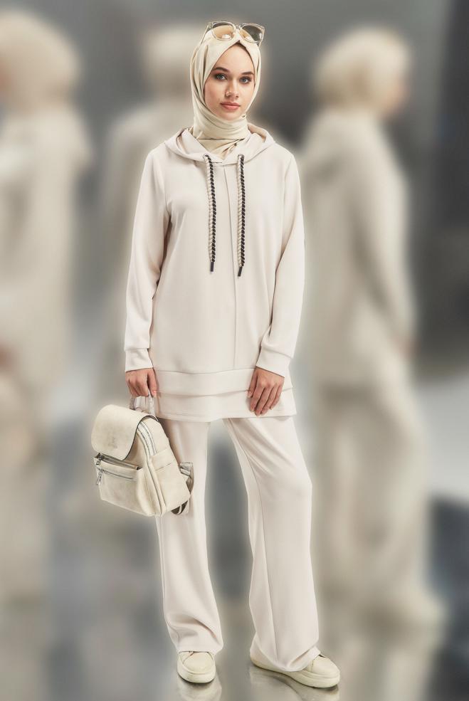 Vêtements hijab ÉCRUE ENSEMBLE SURVÊTEMENT AVEC PANTALON 45132 - ALVİNA