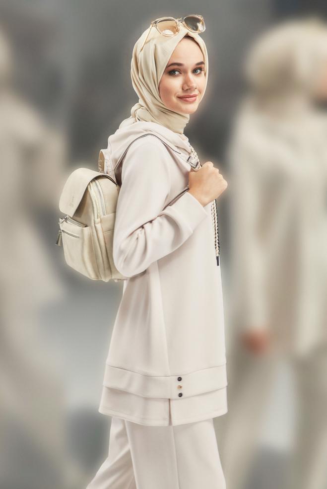 Vêtements hijab ÉCRUE ENSEMBLE SURVÊTEMENT AVEC PANTALON 45132 - ALVİNA