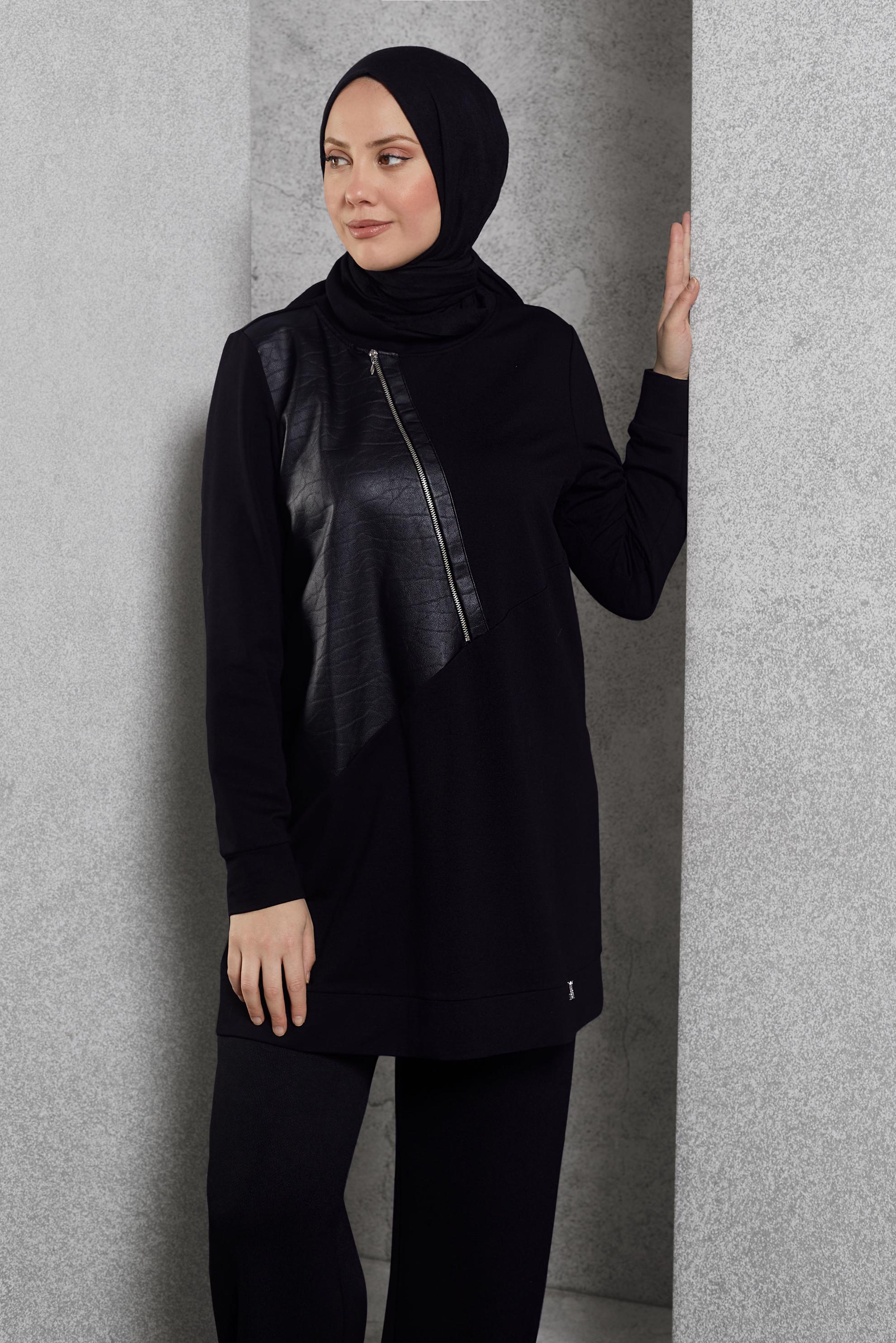 Vêtements hijab NOIR TUNIQUE DE SURVÊTEMENT AVEC DÉTAIL ZIP 45133