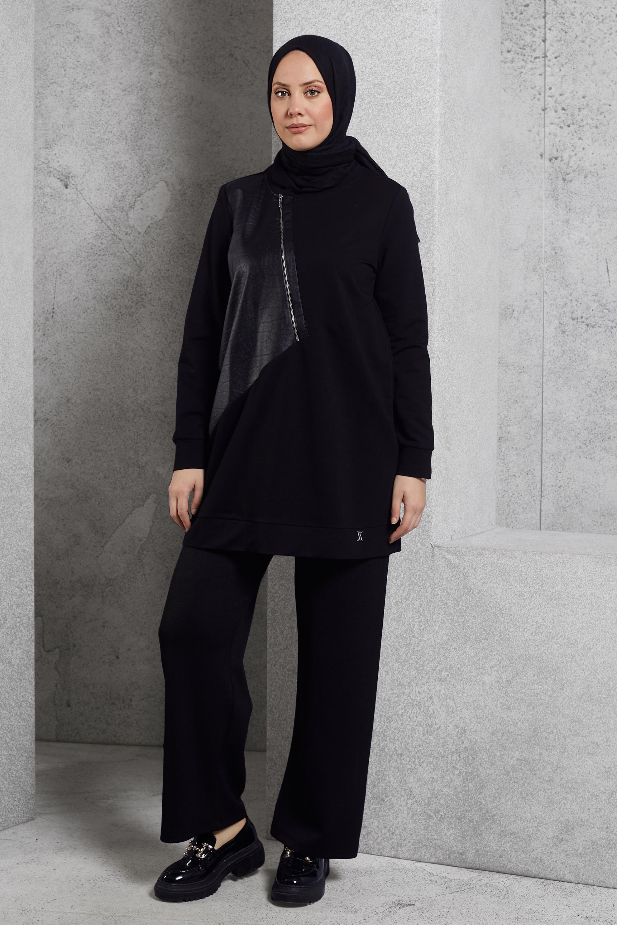 Vêtements hijab NOIR TUNIQUE DE SURVÊTEMENT AVEC DÉTAIL ZIP 45133