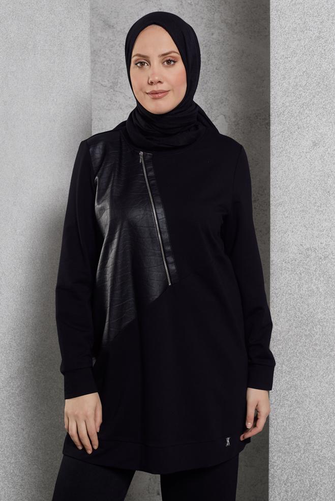 Vêtements hijab NOIR TUNIQUE DE SURVÊTEMENT AVEC DÉTAIL ZIP 45133 - ALVİNA