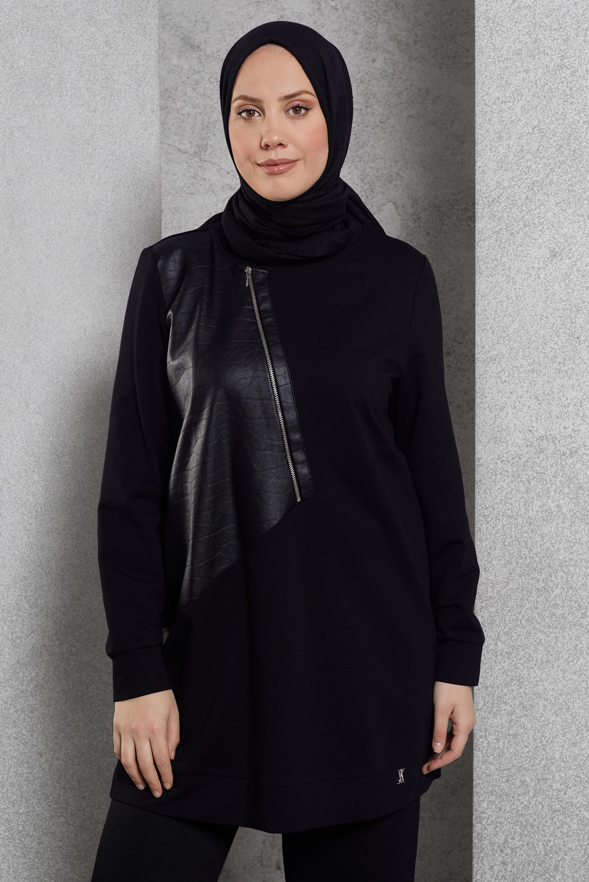 Vêtements hijab NOIR TUNIQUE DE SURVÊTEMENT AVEC DÉTAIL ZIP 45133