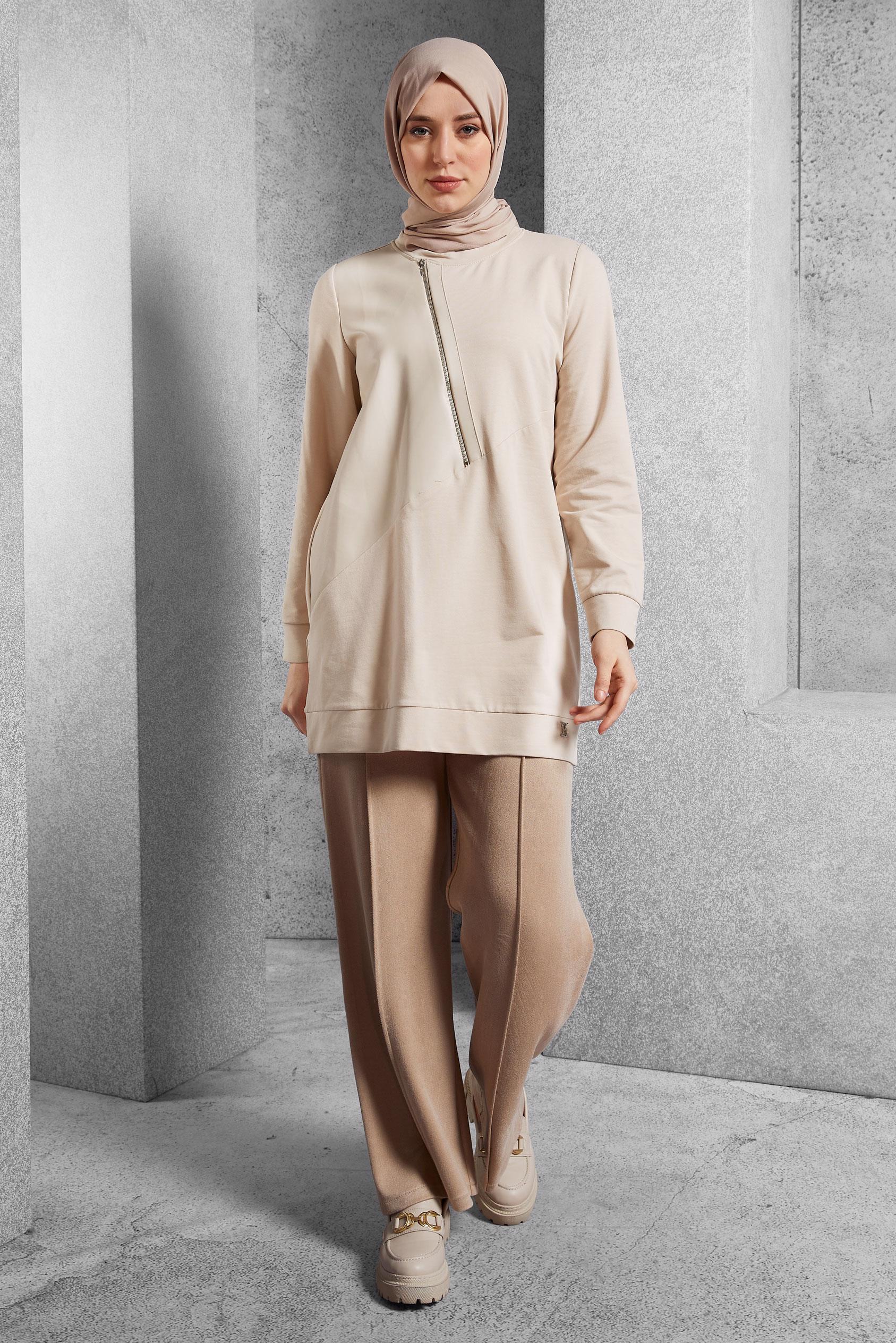 Vêtements hijab BEIGE TUNIQUE DE SURVÊTEMENT AVEC DÉTAIL ZIP 45133
