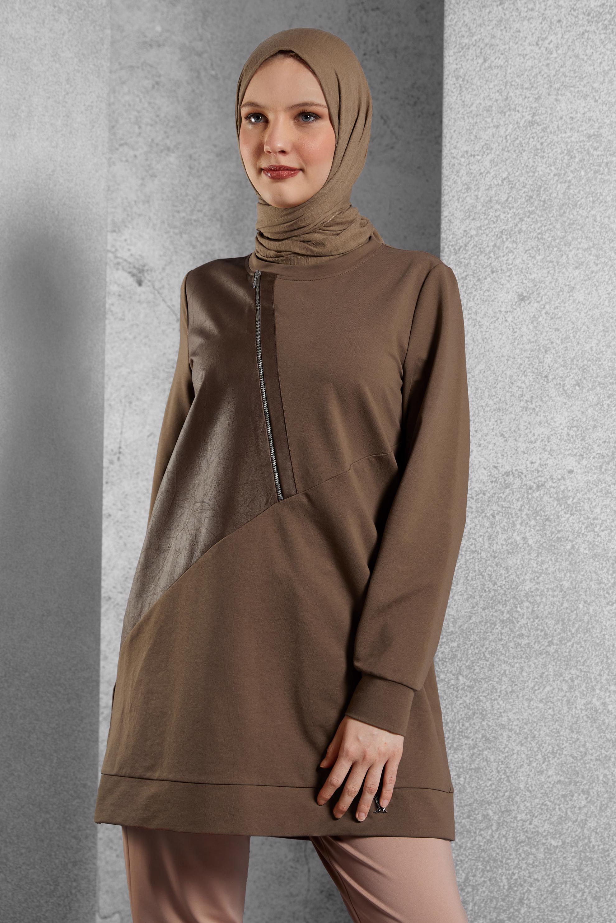 Vêtements hijab BRUN TUNIQUE DE SURVÊTEMENT AVEC DÉTAIL ZIP 45133