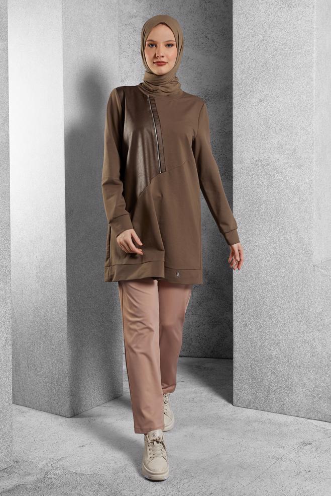 Vêtements hijab BRUN TUNIQUE DE SURVÊTEMENT AVEC DÉTAIL ZIP 45133 - ALVİNA