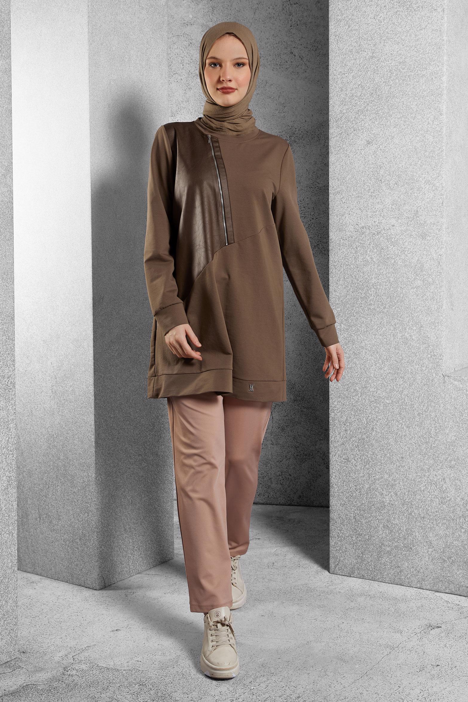 Vêtements hijab BRUN TUNIQUE DE SURVÊTEMENT AVEC DÉTAIL ZIP 45133