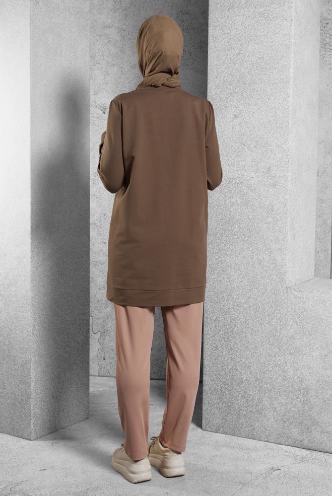 Vêtements hijab BRUN TUNIQUE DE SURVÊTEMENT AVEC DÉTAIL ZIP 45133 - ALVİNA
