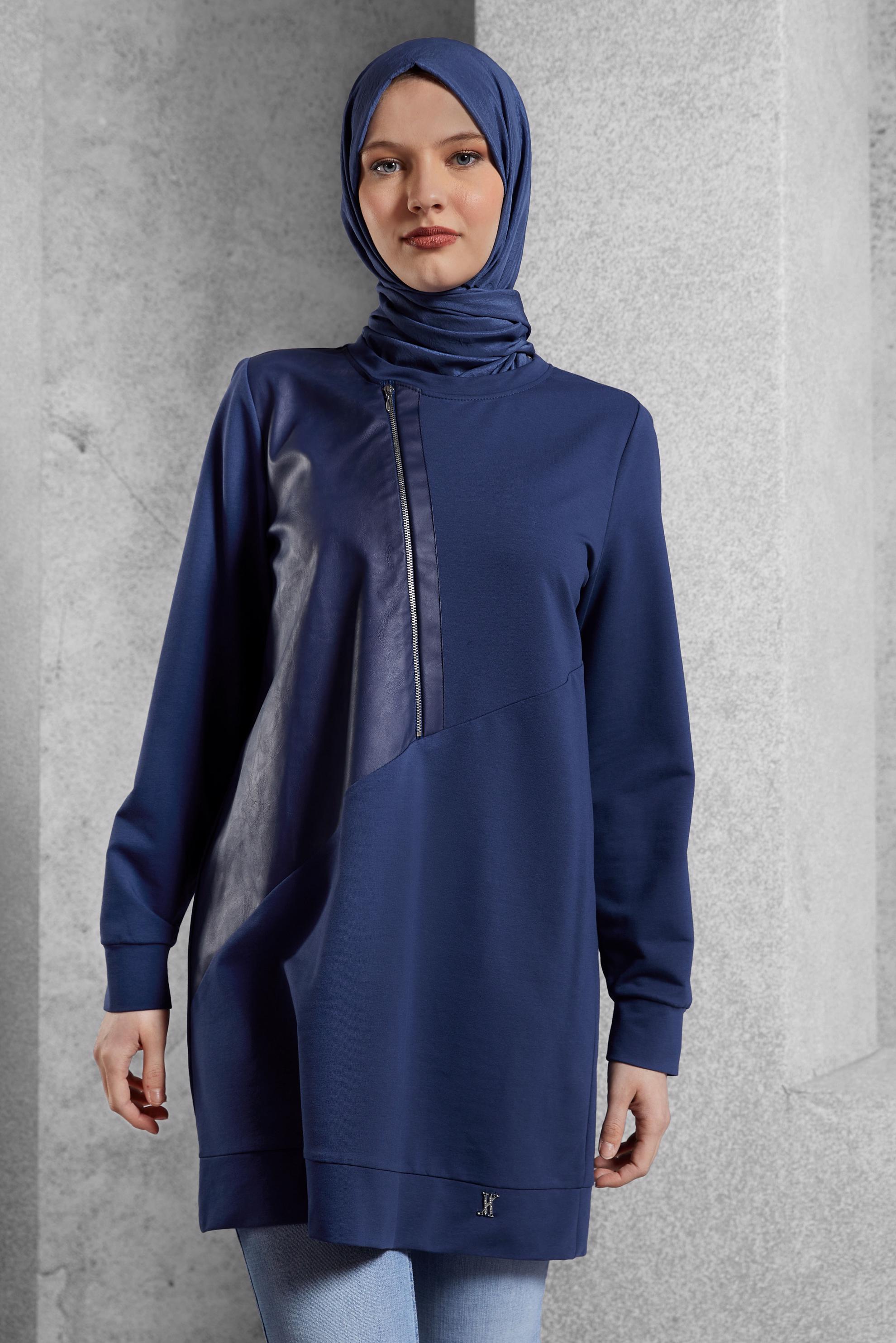 Vêtements hijab BLEU MARINE TUNIQUE DE SURVÊTEMENT AVEC DÉTAIL ZIP 45133