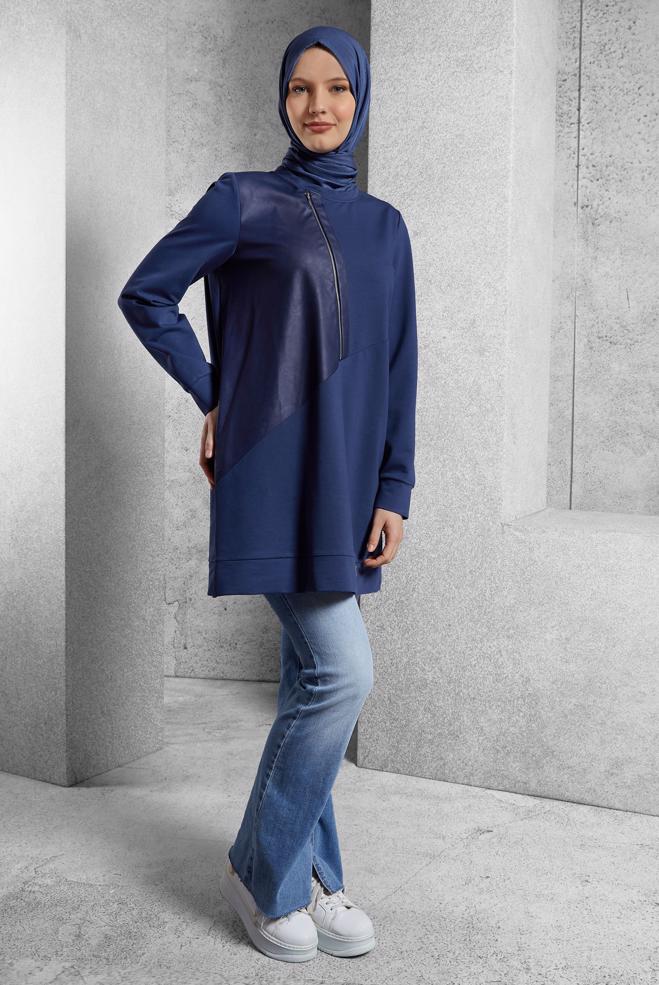 Vêtements hijab BLEU MARINE TUNIQUE DE SURVÊTEMENT AVEC DÉTAIL ZIP 45133 - ALVİNA