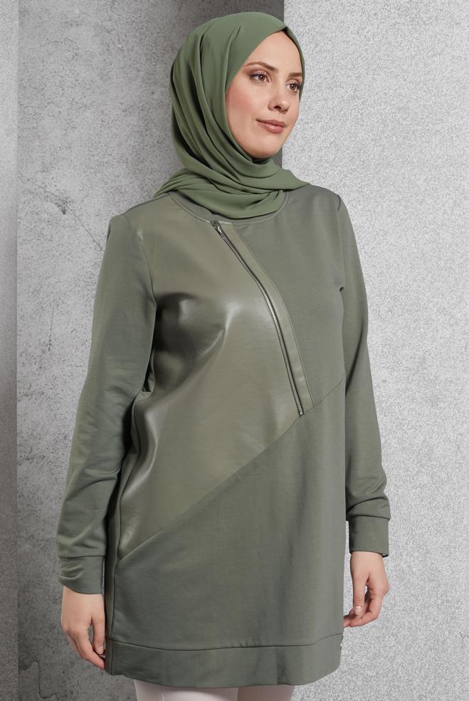 Vêtements hijab VERT TUNIQUE DE SURVÊTEMENT AVEC DÉTAIL ZIP 45133 - ALVİNA