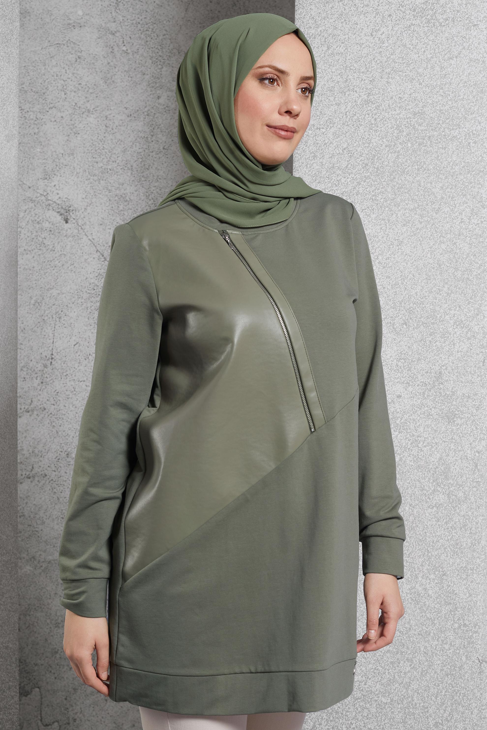 Vêtements hijab VERT TUNIQUE DE SURVÊTEMENT AVEC DÉTAIL ZIP 45133