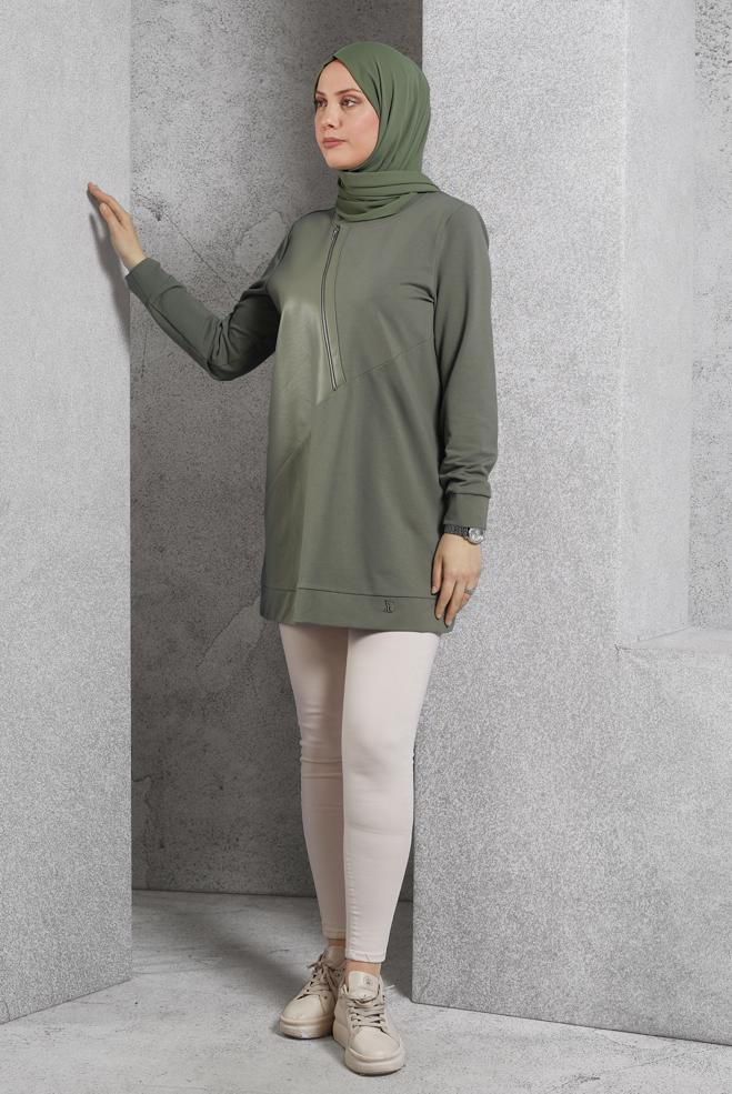 Vêtements hijab VERT TUNIQUE DE SURVÊTEMENT AVEC DÉTAIL ZIP 45133 - ALVİNA