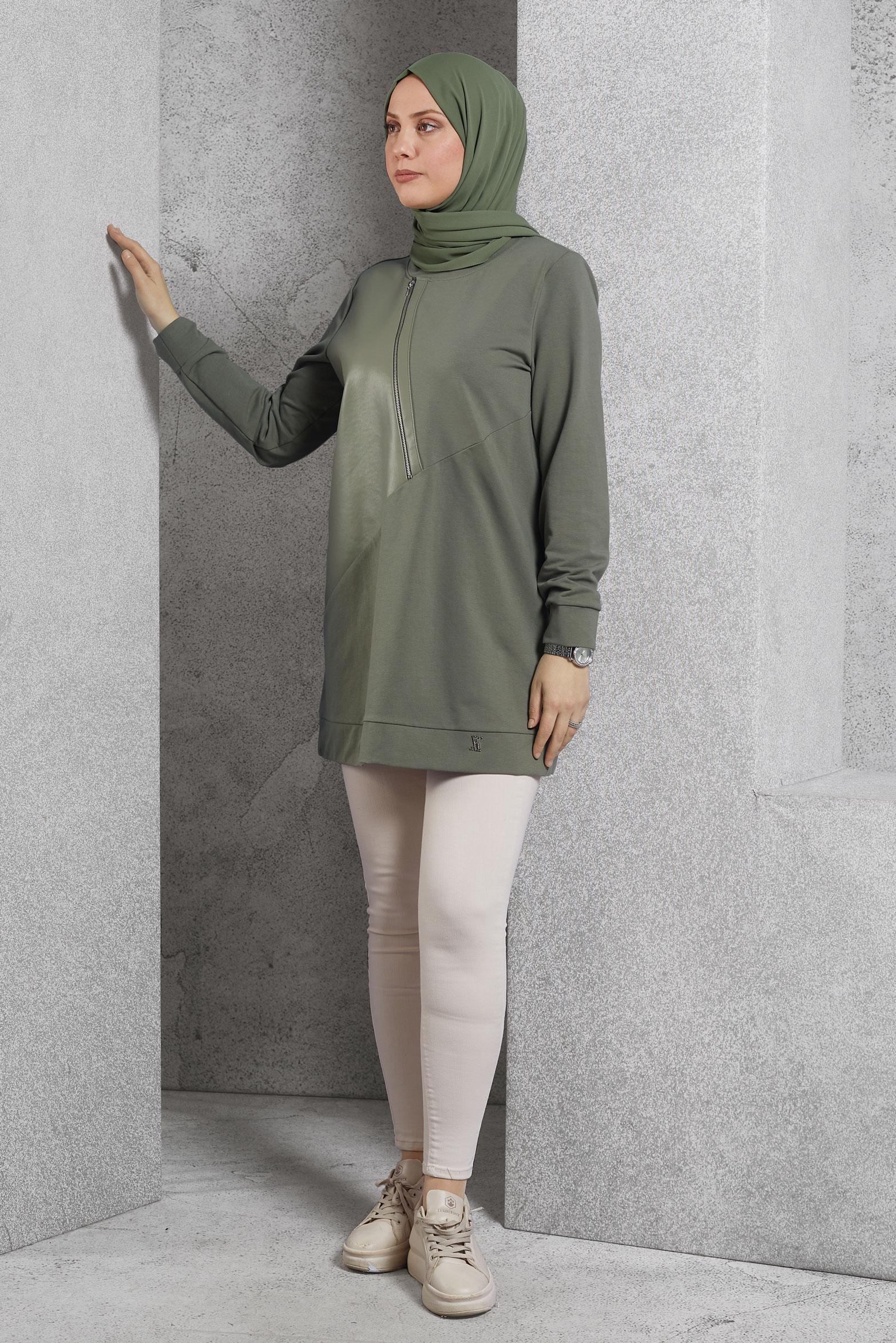Vêtements hijab VERT TUNIQUE DE SURVÊTEMENT AVEC DÉTAIL ZIP 45133