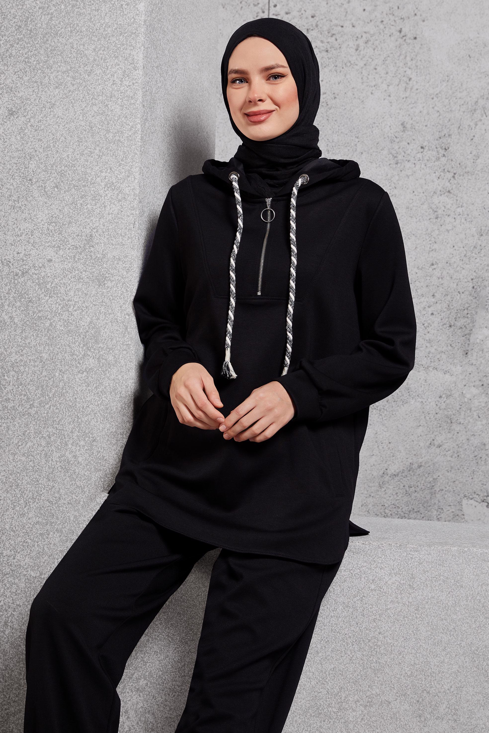 Hijab clothing BLACK HOODED TRACKSUIT SET 45134