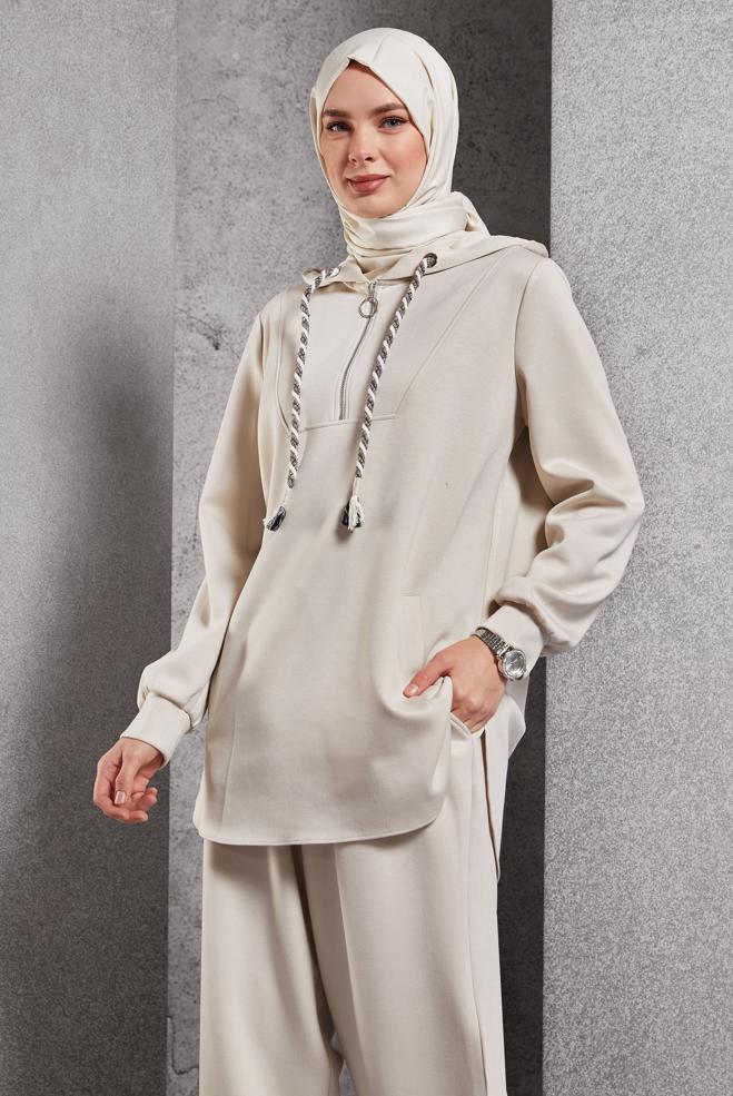 Vêtements hijab BEIGE ENSEMBLE DE SURVÊTEMENT À CAPUCHE 45134 - ALVİNA