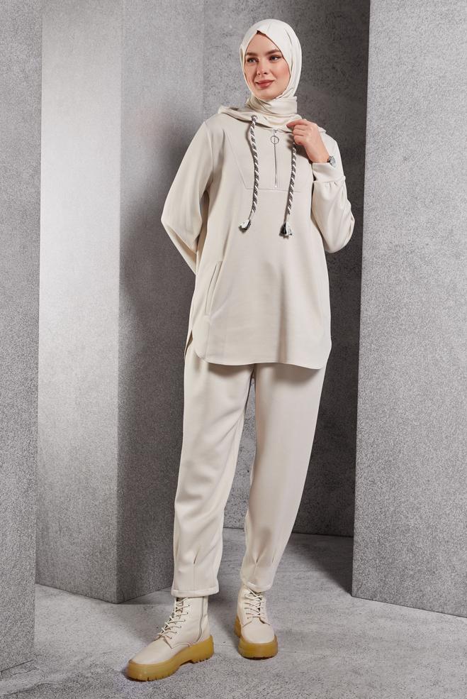 Vêtements hijab BEIGE ENSEMBLE DE SURVÊTEMENT À CAPUCHE 45134 - ALVİNA