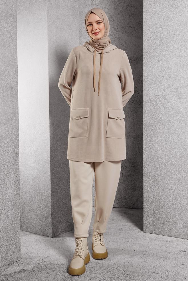 Vêtements hijab BEIGE TUNIQUE DE SURVÊTEMENT À CAPUCHE 45135 - ALVİNA