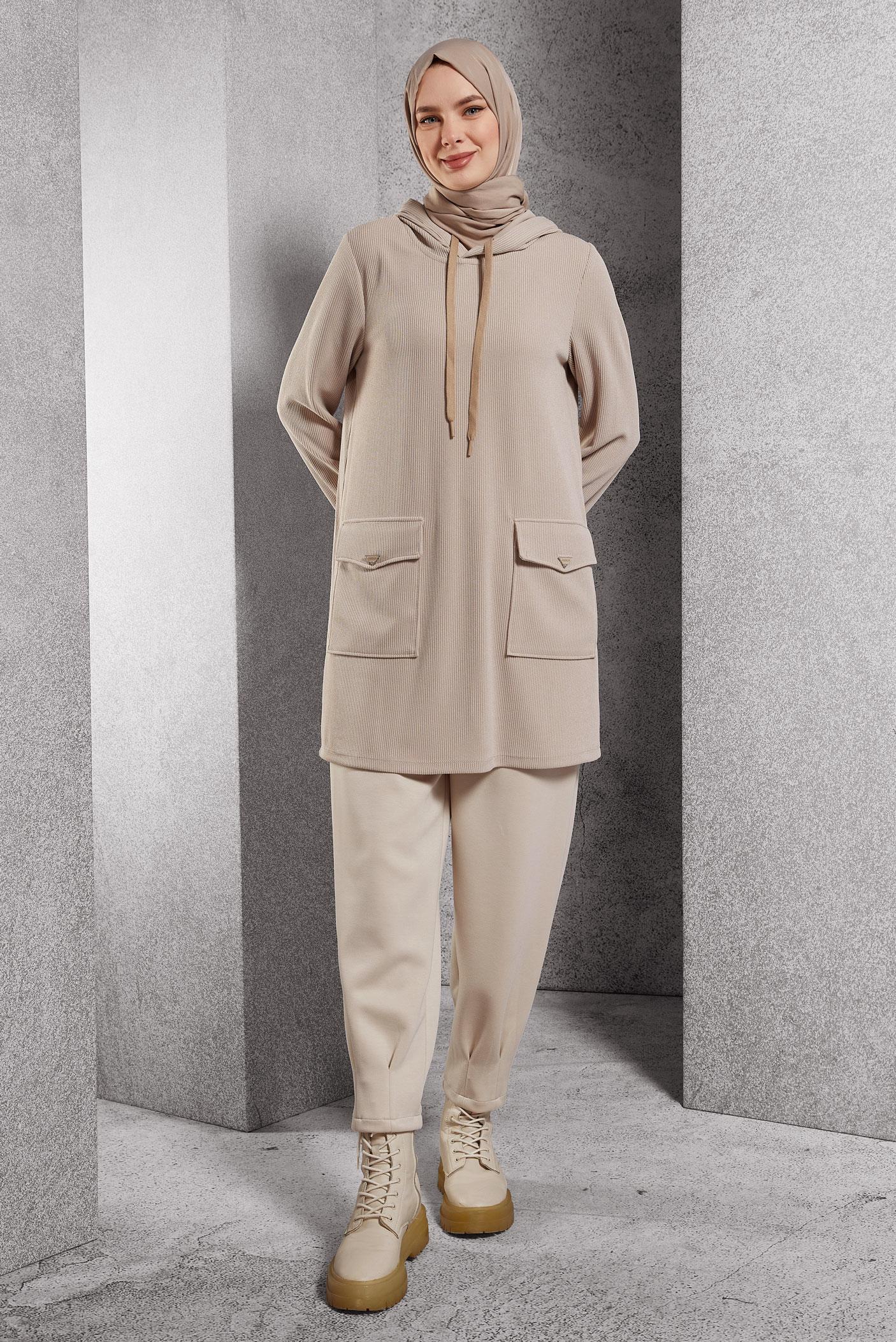 Vêtements hijab BEIGE TUNIQUE DE SURVÊTEMENT À CAPUCHE 45135