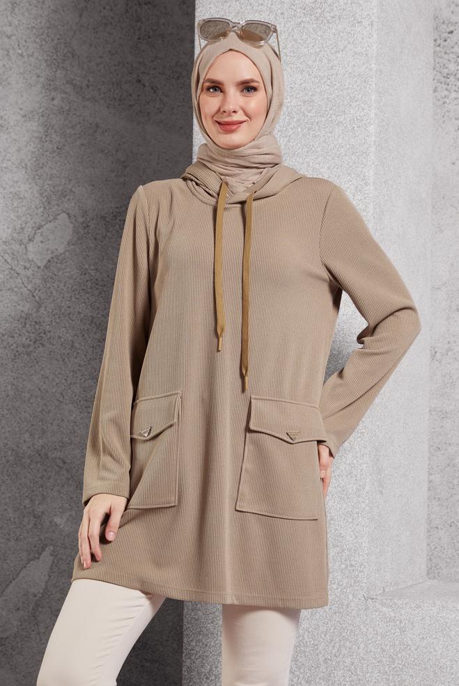 Vêtements hijab SABLE TUNIQUE DE SURVÊTEMENT À CAPUCHE 45135 - ALVİNA