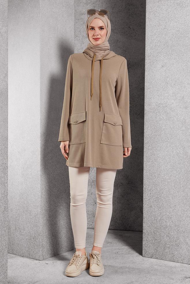Vêtements hijab SABLE TUNIQUE DE SURVÊTEMENT À CAPUCHE 45135 - ALVİNA