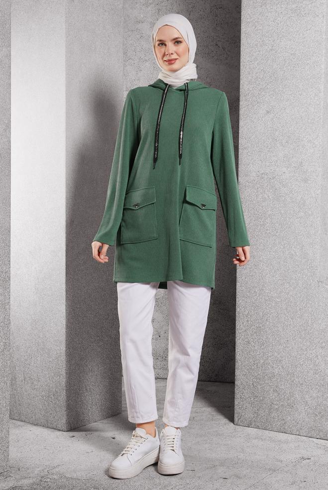 Vêtements hijab VERT TUNIQUE DE SURVÊTEMENT À CAPUCHE 45135 - ALVİNA